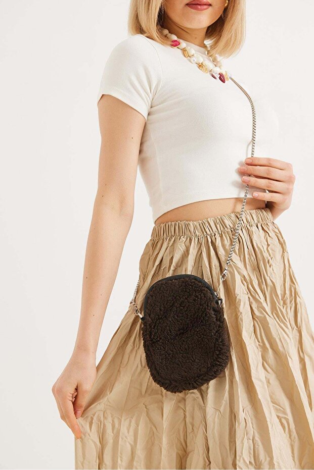 Brown Soft Plush Textured Functional Portable Daily Bag with Metal Chain Strap