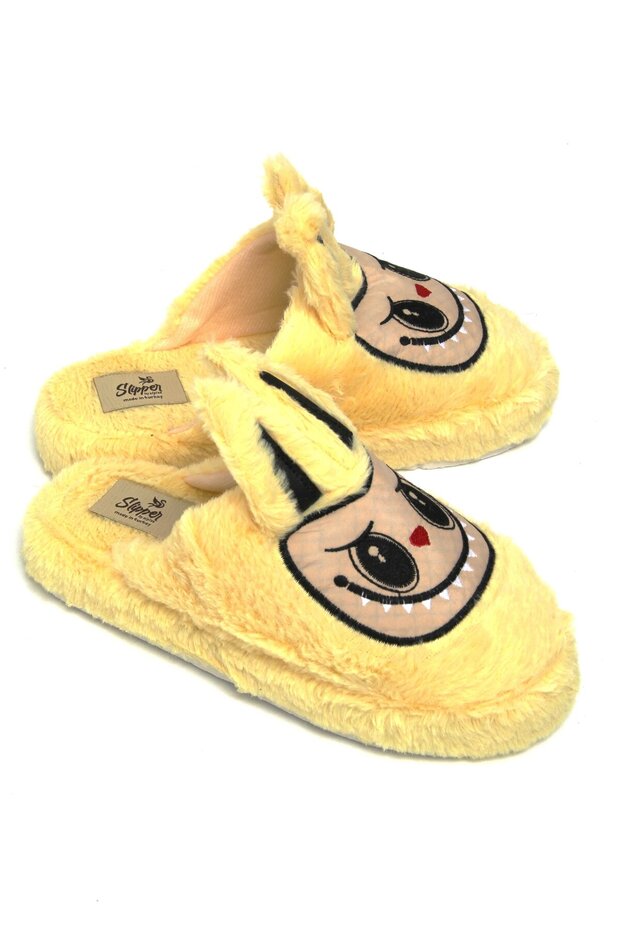 Yellow Soft Plush Textured Embroidered Figure Detailed House Slippers Suitable for Daily Use
