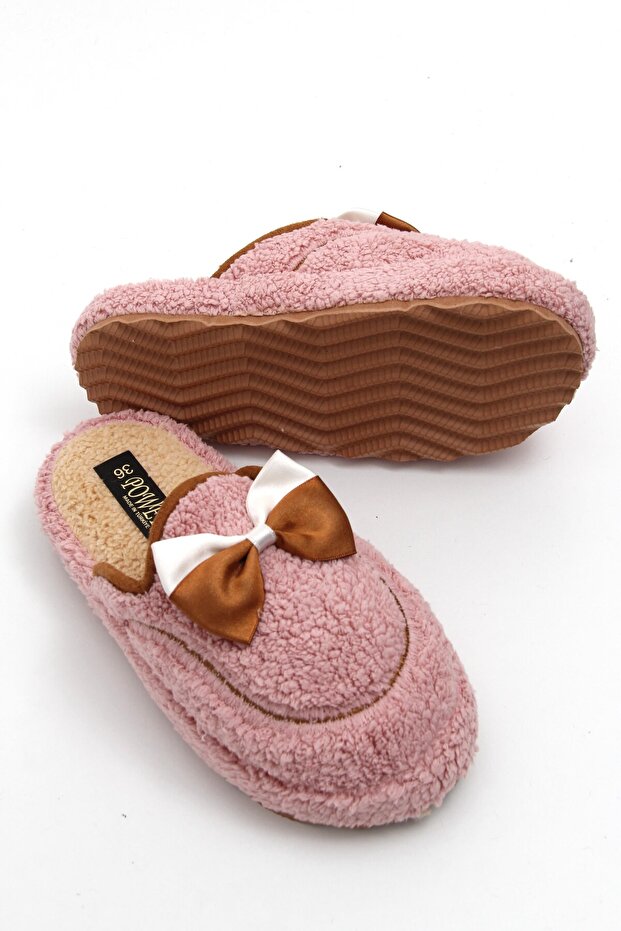 Pink Plush Textured Lightweight Comfortable Daily Use House Slippers with Ribbon Accessories
