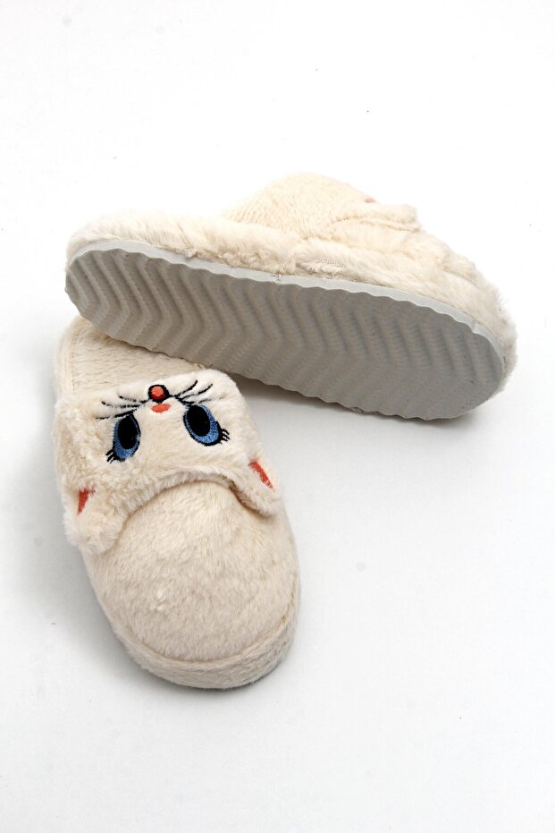 Beige Plush Textured Closed-Front Tweety Character Embroidery Detailed House Slippers Suitable for Daily Use