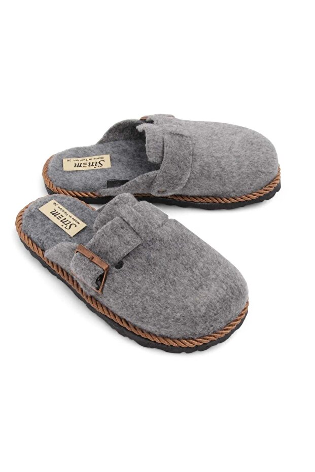 Gray Felt Fabric Closed Front Lightweight Flexible Daily Home Slippers with Buckle Detail