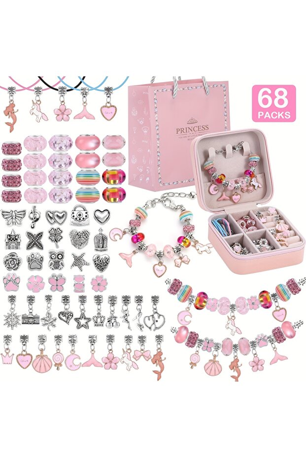 Other 68pcs Pink 68Pcs Beads Charms Bracelet Making Kit, DIY Beaded Bracelet Necklace Making Gift Bo