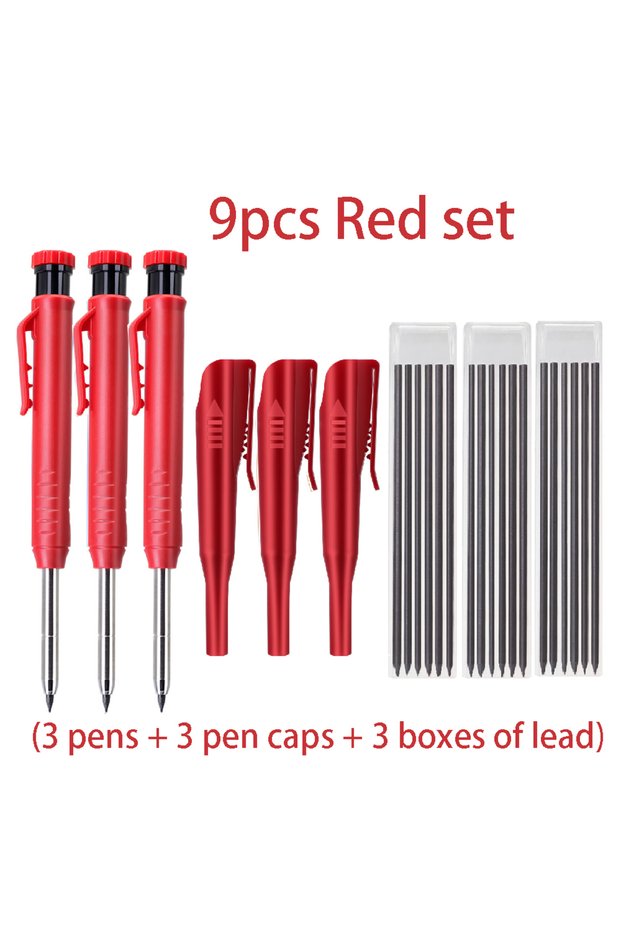 QB216-9 Red set 9pcs/set 2.8mm Deep Hole Carpenter Pencil Set - 3 Pens + 3 Lead Refills + 3 Caps. Ve