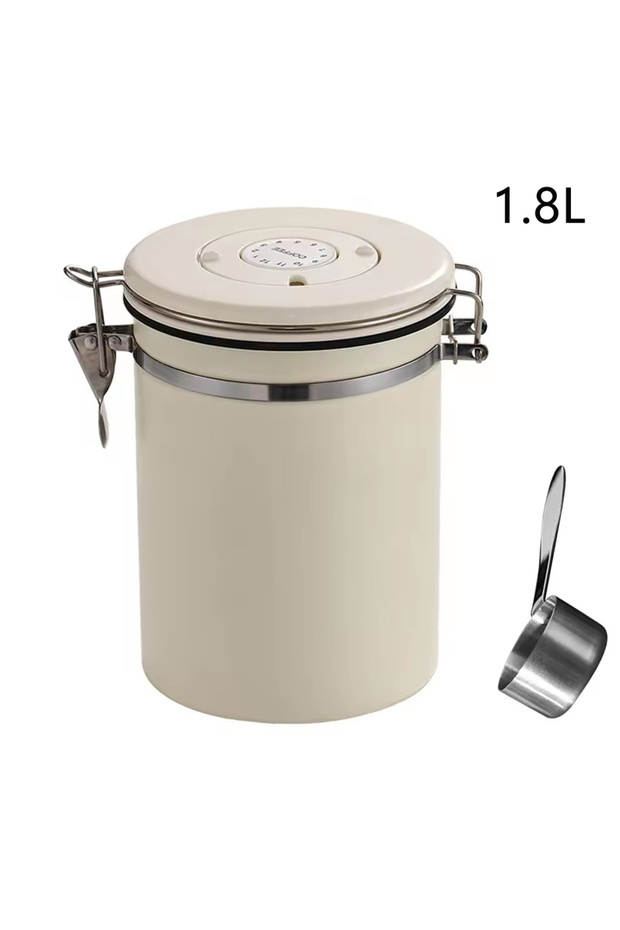 Beige-1.8L 304 Stainless Steel Coffee Beans Vacuum Storage Jar with Spoon Large Capacity Airtight Co