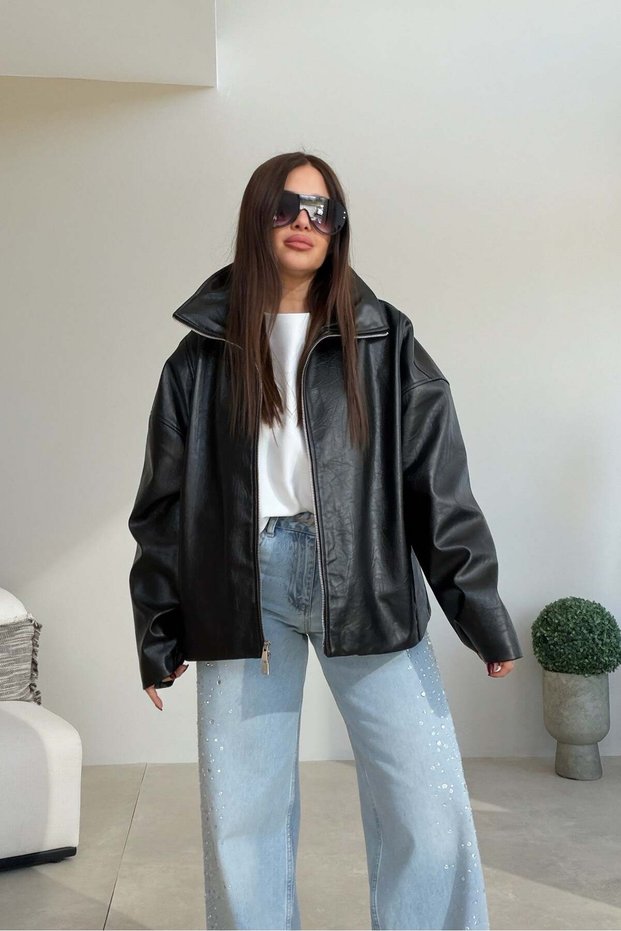 Leather Jacket with Hidden Pockets Black