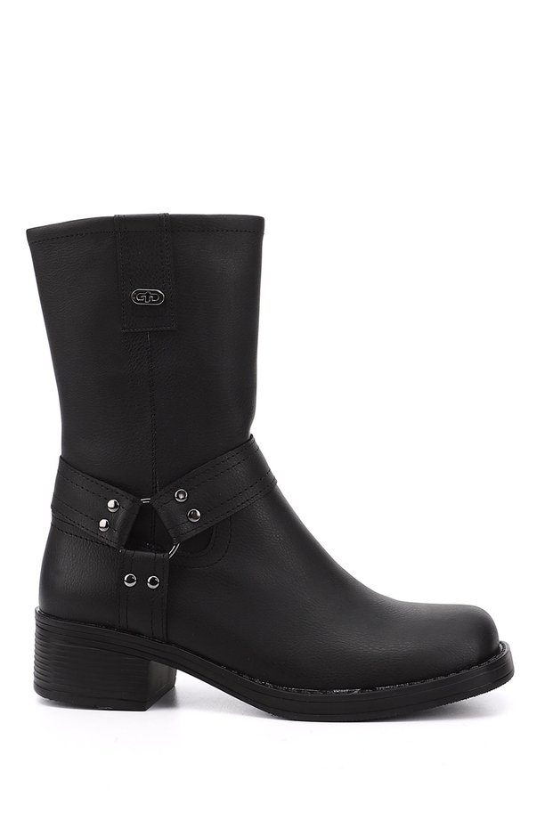 Women's Black Zippered Blunt Toe Thick Heeled Biker Boots