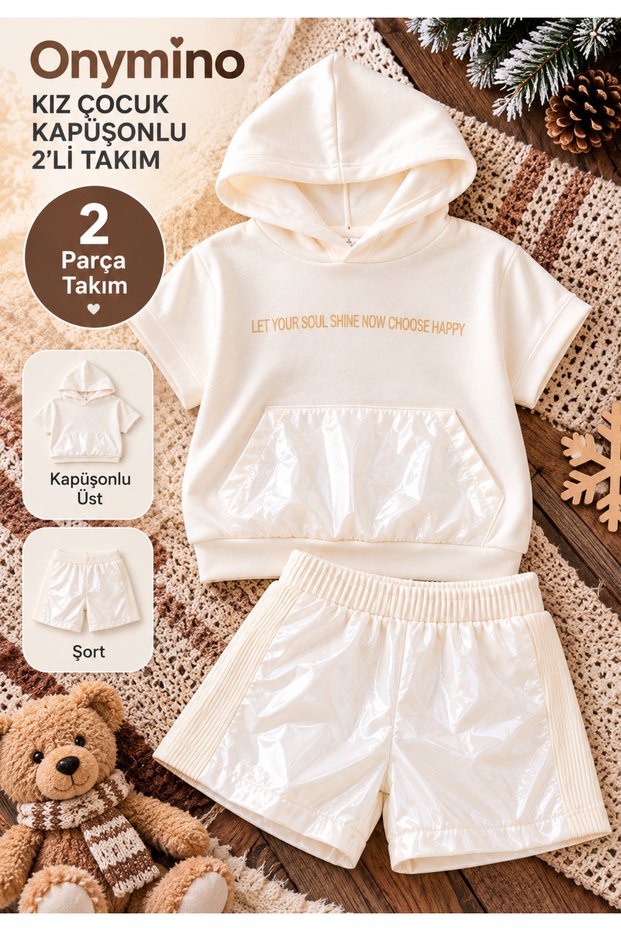 Girl's Winter Hooded Shiny Shorts 2-Piece Set - Top and Bottom Set Ecru