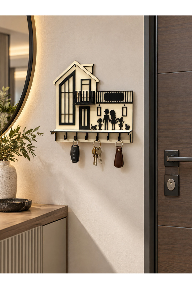 Wooden Villa Design Colorful Mdf Wall Key Hanger - Modern Glass Detailed Shelf Key Holder with 6 Hooks 23.5X24.5