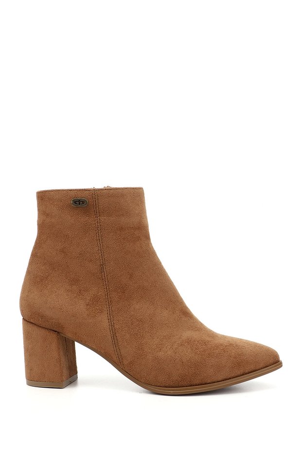 Women's Tan Suede Zippered Pointed Toe Thick Heeled Boots
