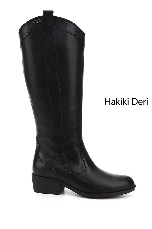 Women's Black Zippered Thick Heeled Genuine Leather Cowboy Boots