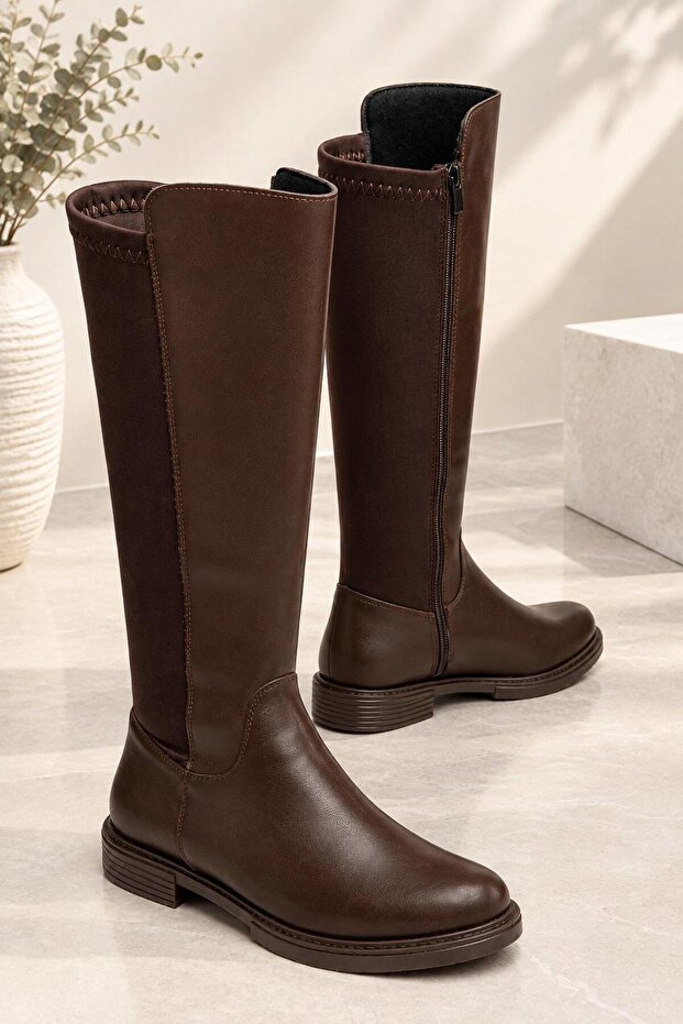 Women's Brown Diving Fabric Knee-High Boots with Thermo Sole