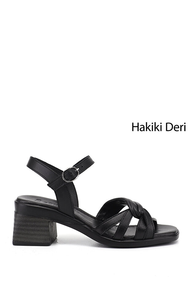 Women's Black Ankle Strap Thick Heeled Genuine Leather Sandals