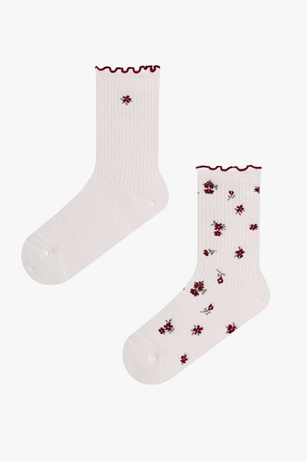 Marsmelov Ruffled Floral Crispy Flower Patterned Cotton 2 Pairs of Socks