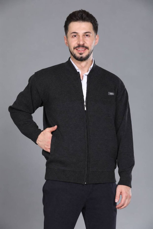 Anthracite Men's Dad and Middle-Aged Knitwear Steel Knitted Lined Acrylic Zipper Pocket Oversized Dad Cardigan