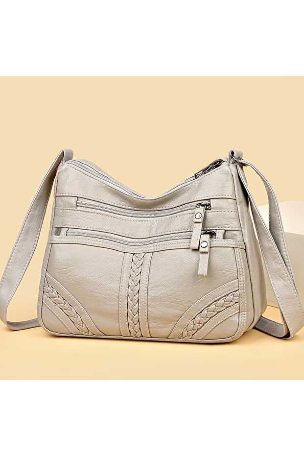 Bj831Gray Stylish Leather Shoulder Bag for Women Multi Pocket Crossbody Hobo Bag Soft Washed Leather