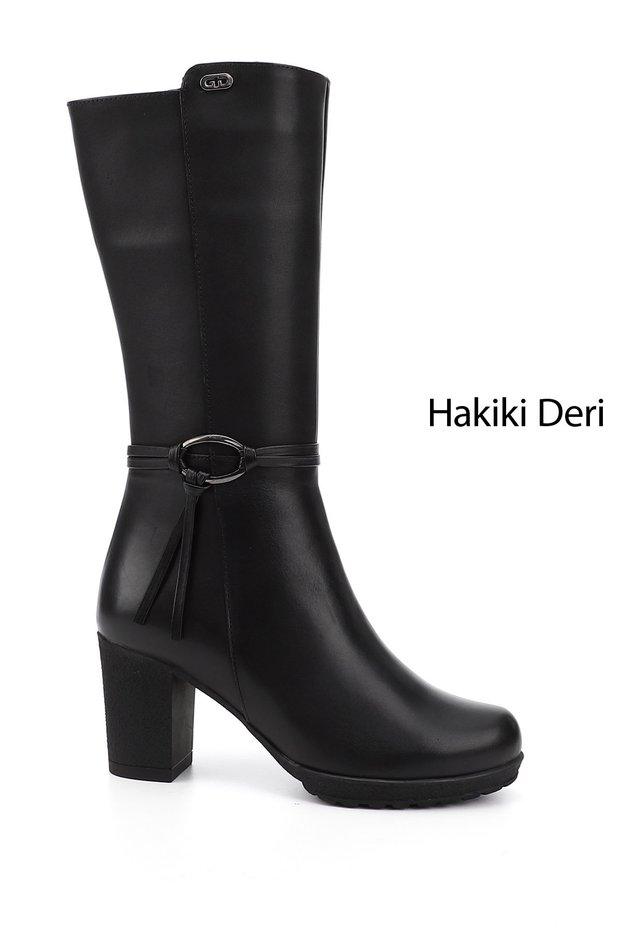 Women's Black Zippered Thick Heeled Genuine Leather Boots