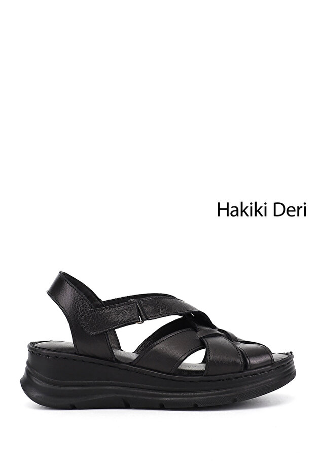 Women's Black Velcro Strap Wedge Heel Genuine Leather Sandals