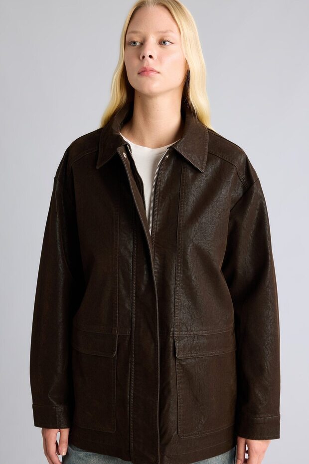 Regular Fit Polo Collar Zippered Pocket Faux Leather Coat H3754Ax26Au