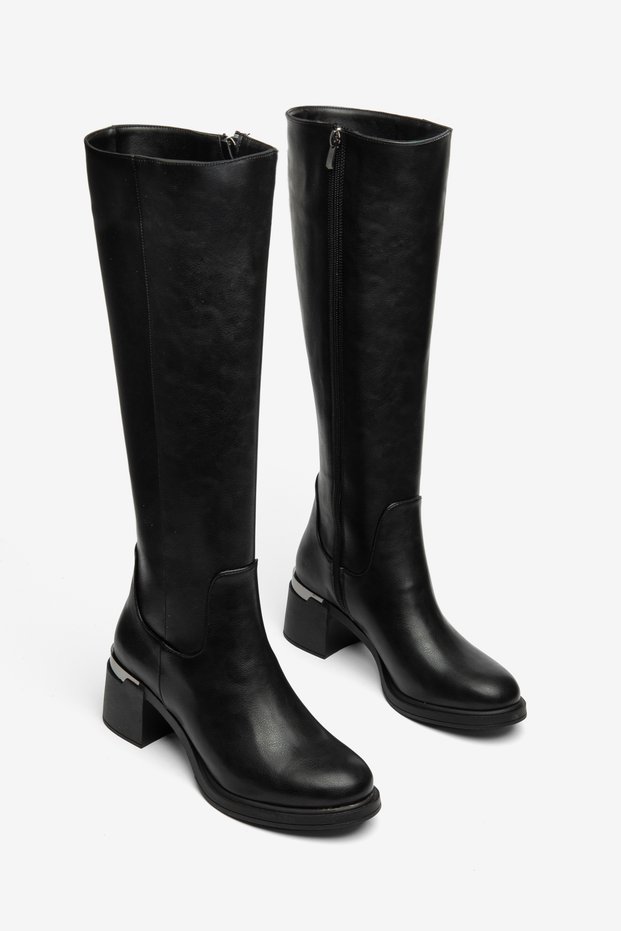 Women's Black Leather Metal Detailed Thick Block Heeled Below-The-Knee Boots - Comfortable and Stylish Trend