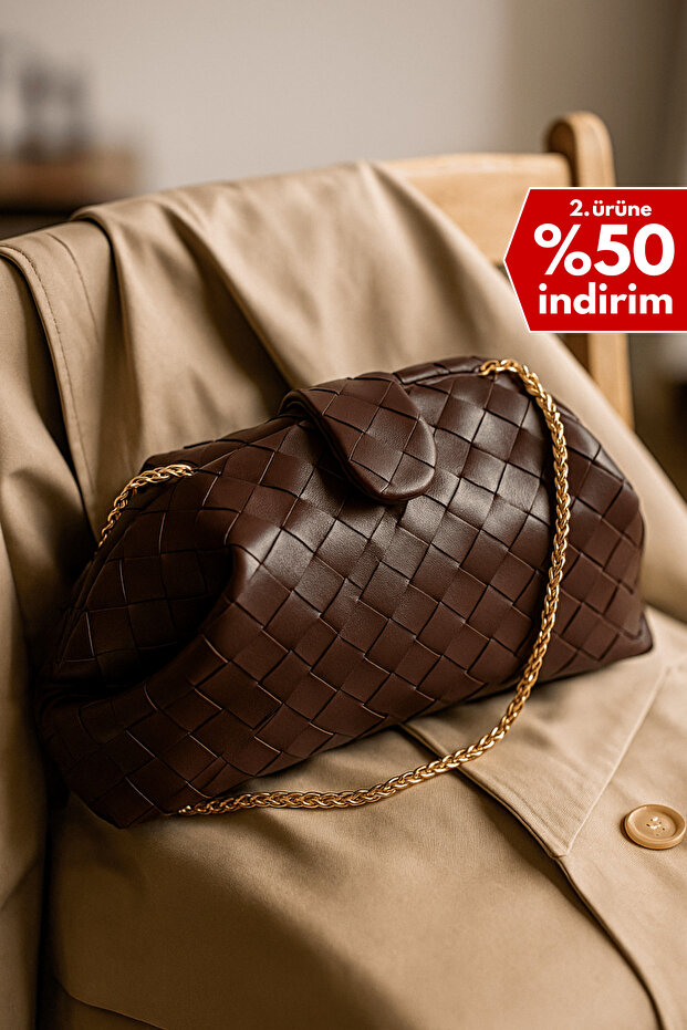 Dark Brown Braided Leather Chain Clutch and Shoulder Bag
