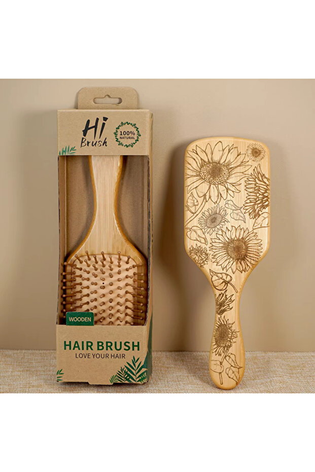 887-4bxrk-HZ3 1pc Natural Bamboo Square Comb with Sunflower Print - Anti-Static Hairdressing Comb fo