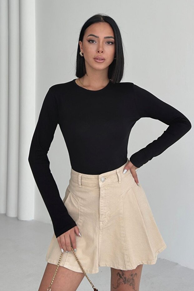 Women's Black 95% Cotton Long Sleeve Body Crew Neck Slim Fit Body Bicycle Neck Basic Body