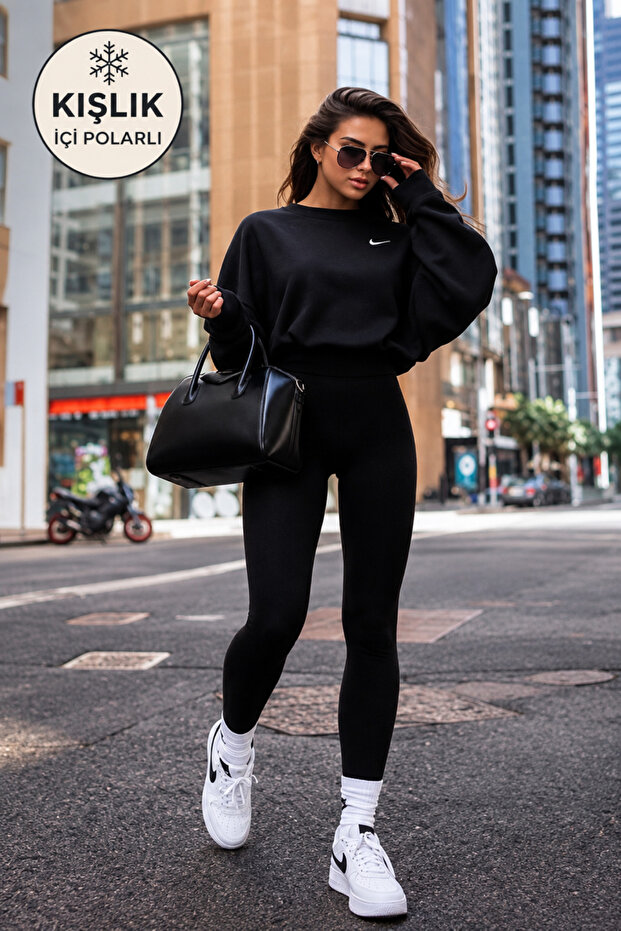 Winter Black High Waist Ribbed Leggings with Ribbed Inside