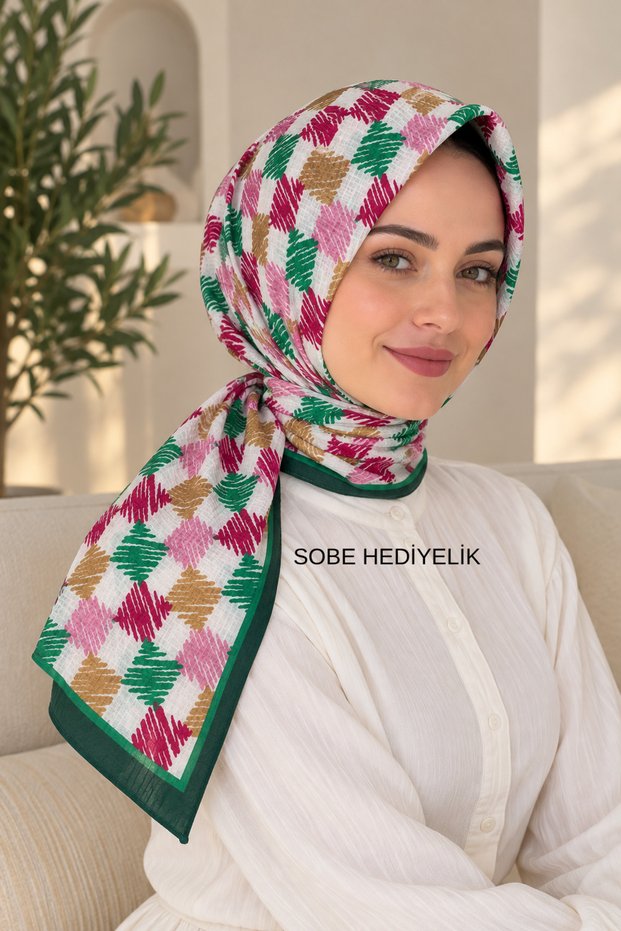 Green Kraş Textured Colorful Geometric Patterned Writing
