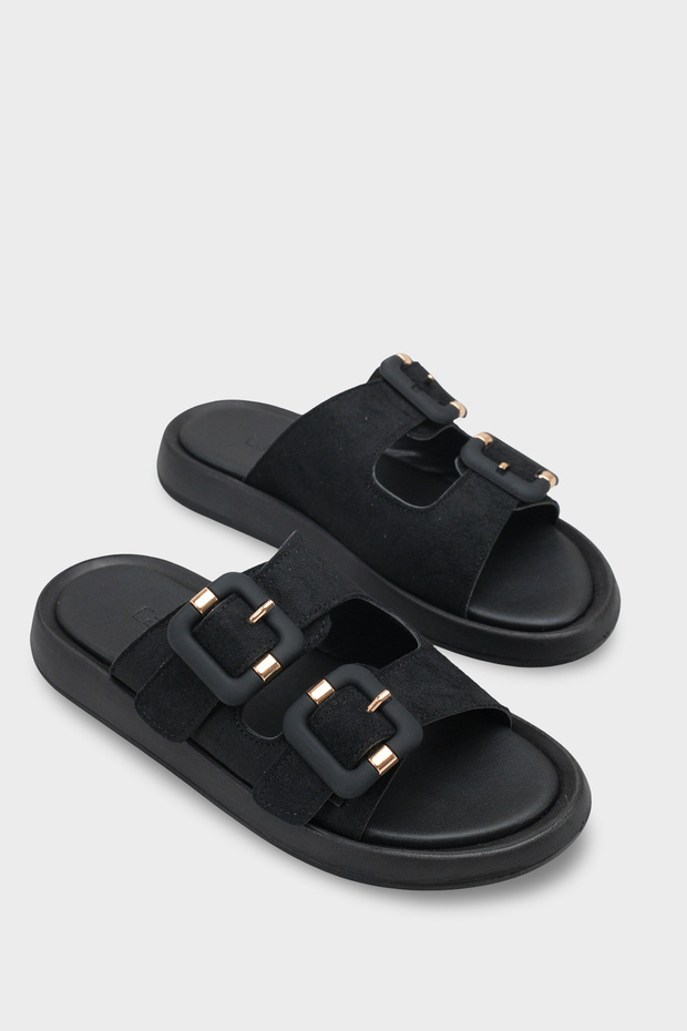 Madelene Flat-Toe Meal Two-Buckle Flat Heeled Women's Slippers