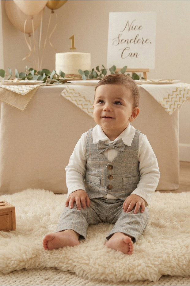Vest Set Baby Boy Set - Checkered Gray Special Occasion Outfit
