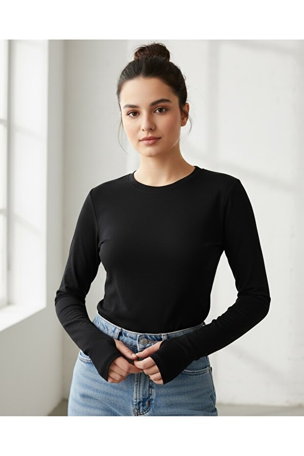 Black Finger Detailed Slim Fit Cotton Fabric Bodysuit Hzlrbndet01Body