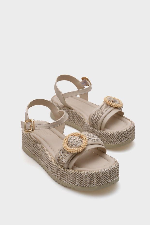 Vanda Wooden Single Buckle Leopard Straw Wedge Heeled Women's Sandals