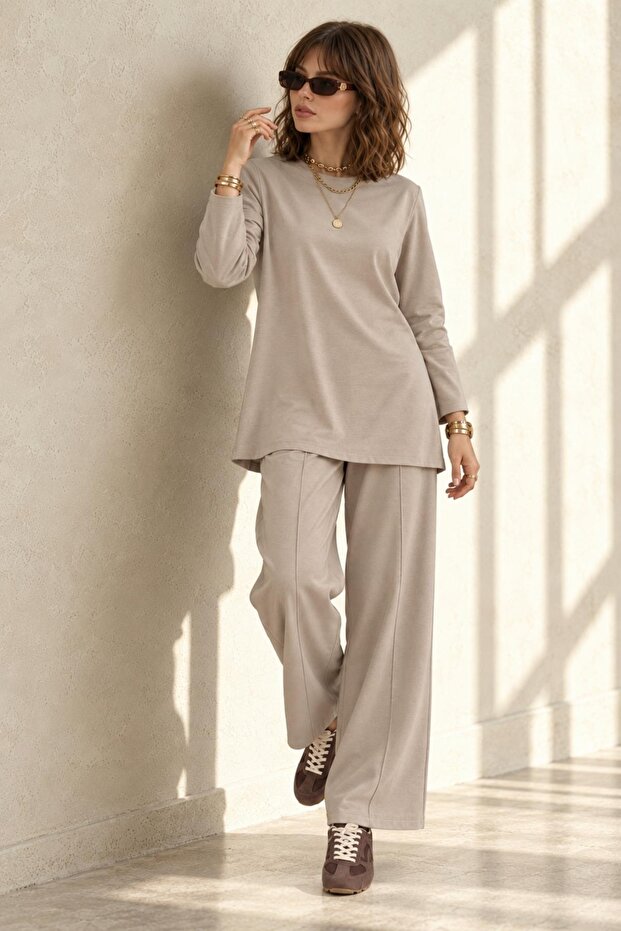 Aden Women's Elastic Waist Modal Two-Piece Suit with Pants Beige