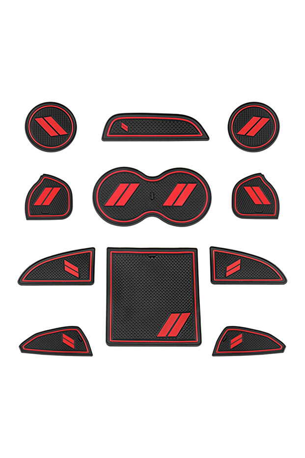 Rubber Red White Rubber Vehicle Mat for Dodge Challenger - 11pcs Cup Holder, Center Console Shifter