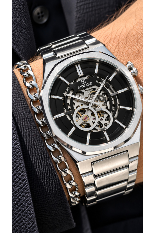 Automatic (Battery-Free) Men's Wristwatch, Silver Steel Strap, Functional, Black Dial, + Chain Bracelet