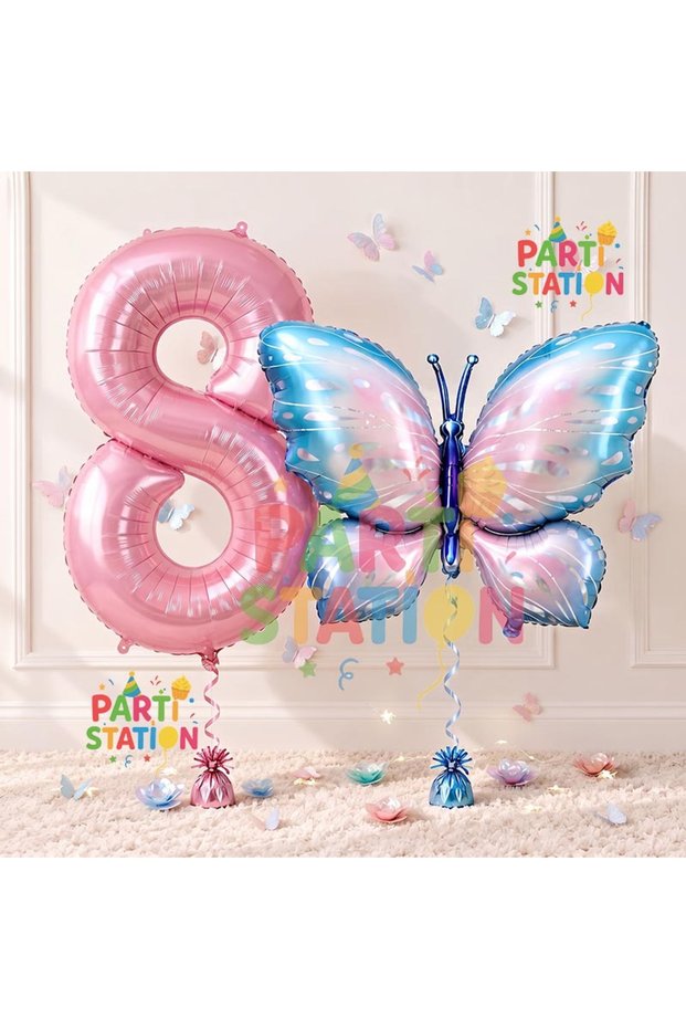 Pink Blue Butterfly and Pink Number Balloon 8 Years Old Balloon Set Butterfly Concept Birthday Foil Balloon Set