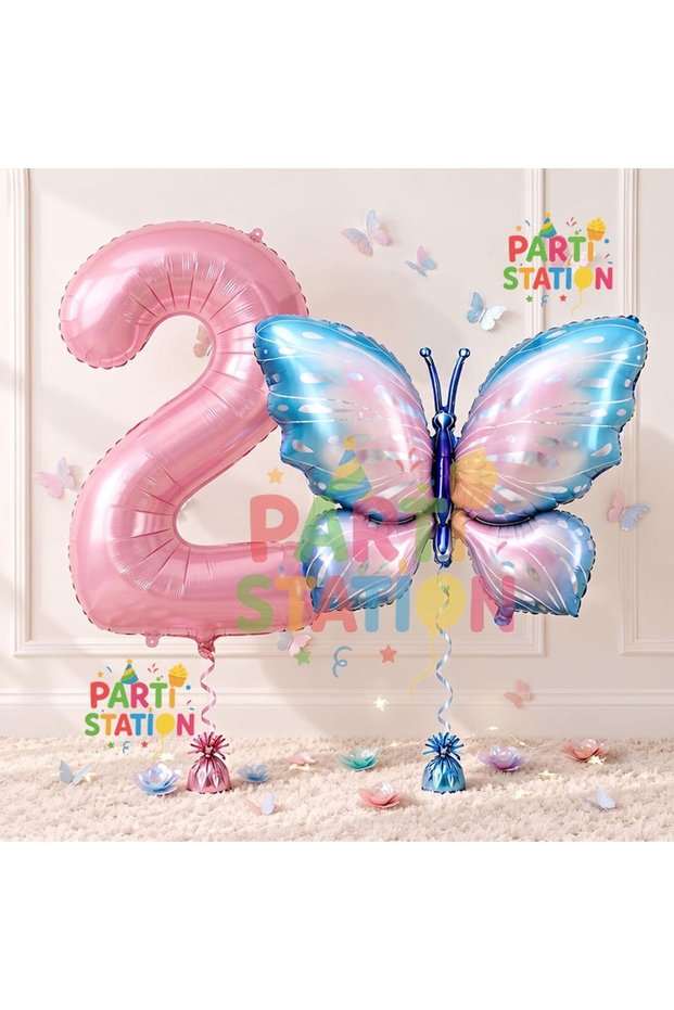 Pink Blue Butterfly and Pink Number Balloon 2 Years Old Balloon Set Butterfly Concept Birthday Foil Balloon Set