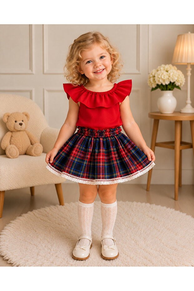 Baby Girl Red Blouse Plaid Skirt Set