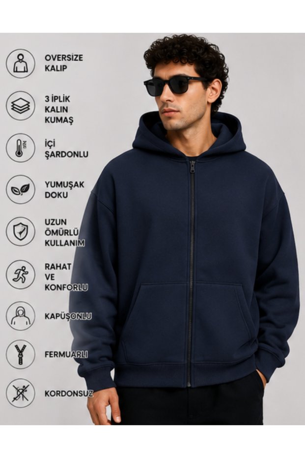 Men's Navy Blue Winter Hooded Zippered Sweatshirt Jacket with Fleece Inside