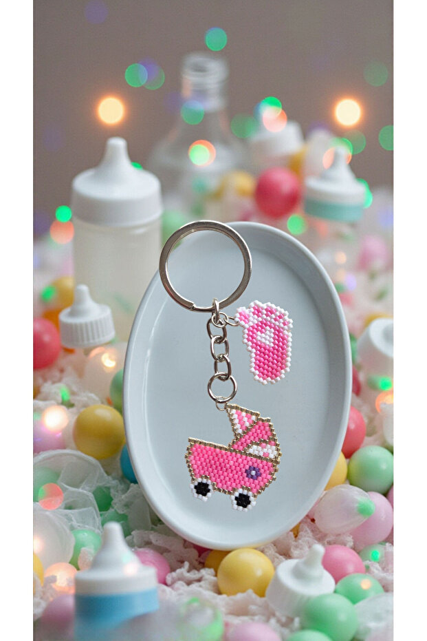 Miyuki Beads Handmade Pink Baby Stroller and Baby Foot Keychain/Bag Ornament