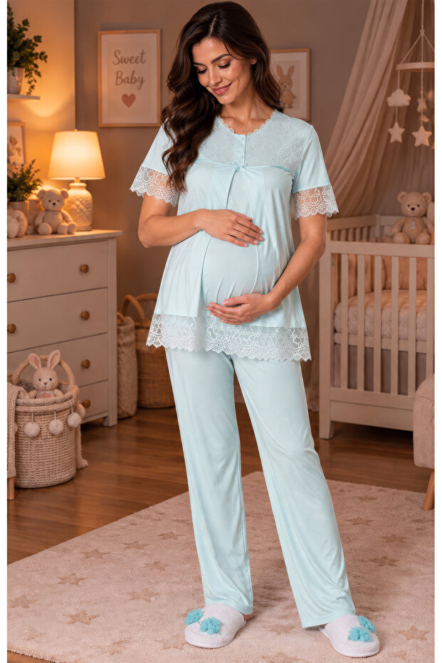 Breastfeeding-Friendly Cotton Maternity Pajama Set – Elastic Waist Effortt - Blue