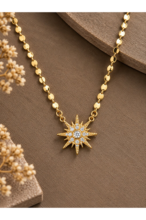 Brass Zircon Stone Pole Star Model Crushed Chain Gold Color Women's Necklace