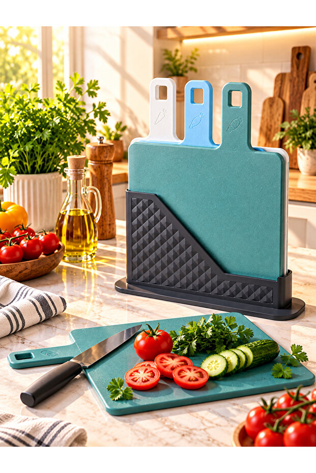 Hoemnıva Brice 4-Piece Cutting Board Set with Stands - Vegetables, Meat, and Bread in Different Color Designs