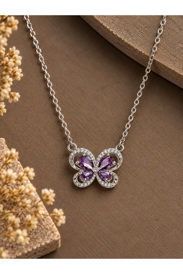 316L Steel Chain Silver Color Purple Butterfly Model Zircon Stone Women's Necklace