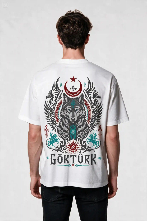 Oversize Guardian of the Sky - Bozkurt T-Shirt with Göktürk Lettering and Bozkurt Print - Large Print on Front and Back - Wide Cut