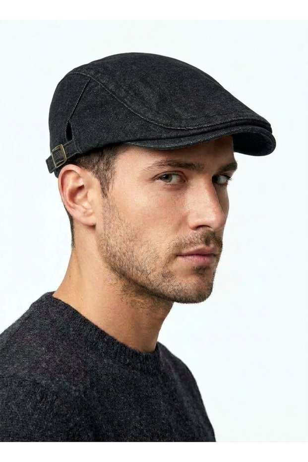 Premium Denim British Style Flat Cap - Adjustable Side Buckle Cotton Duckbill Cap Flat Hat