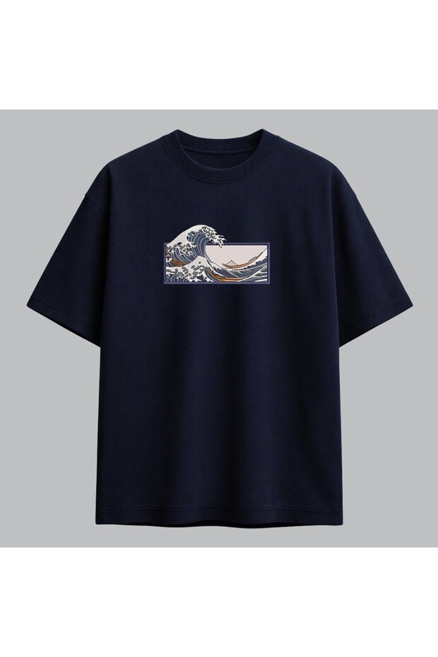 Kanagawa Great Wave Japanese Art Embroidered T-Shirt Unisex 100% Cotton