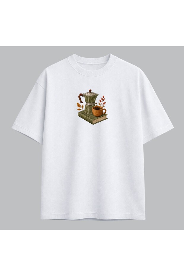 Moka Pot Coffee and Book Design Embroidered T-Shirt Unisex 100% Cotton