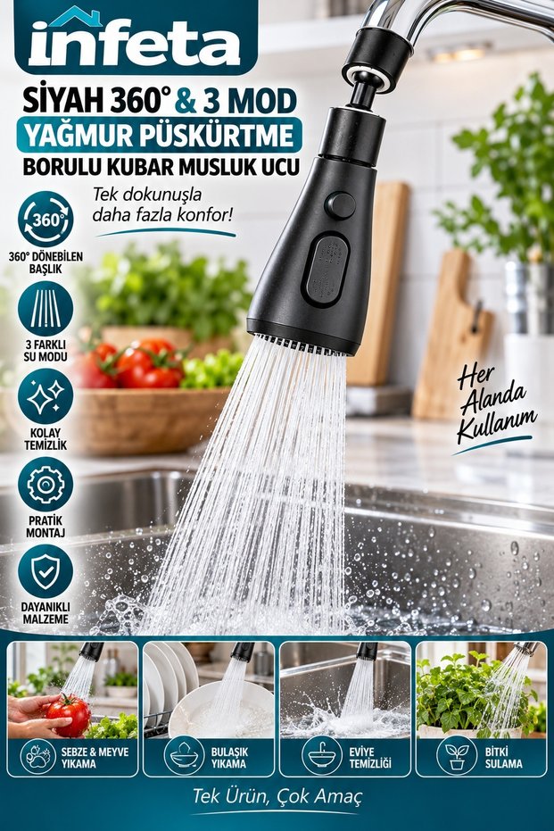 Black 360 ° Rotary 3-Mode Faucet Nozzle Rain Spray Moving Head