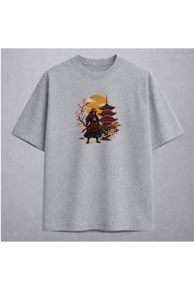 Samurai and Pagoda Japanese Art Embroidered T-Shirt Unisex 100% Cotton
